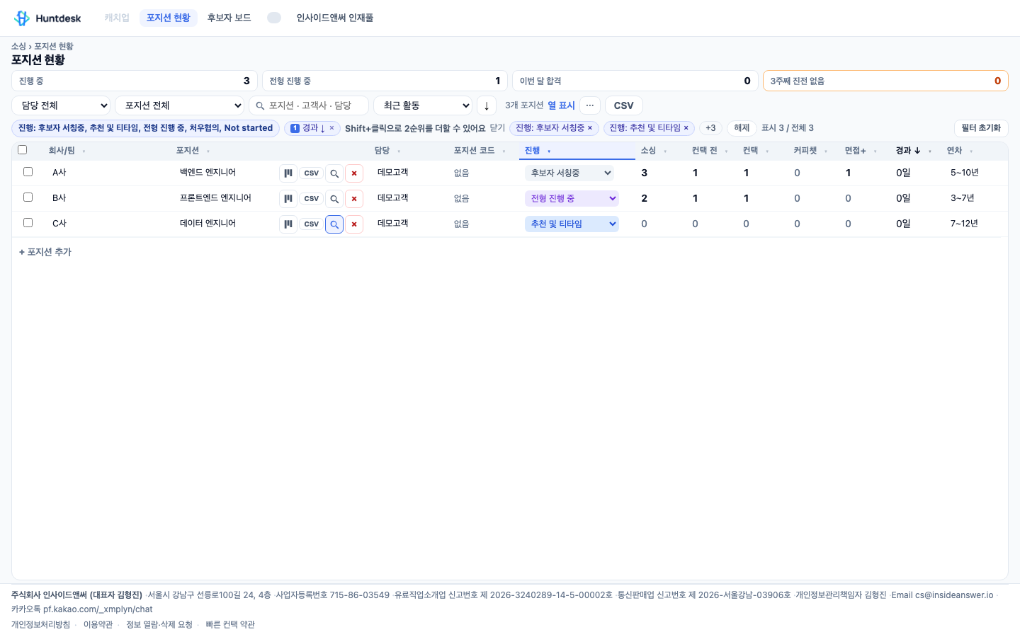 포지션 현황 — 채용 건의 소싱·컨택·면접 숫자를 표로 봅니다